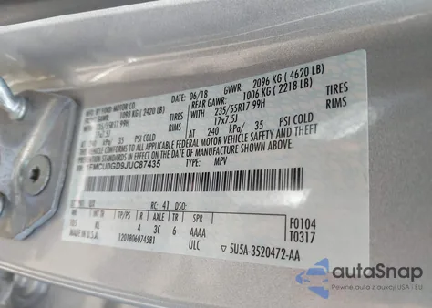 2018 Ford Escape Se из США, поврежденный, VIN 1FMCU0GD9JUC87435